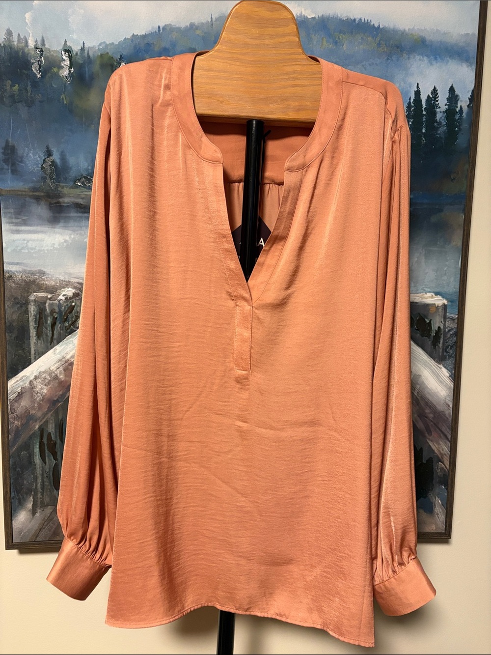 Ava & Viv Coral-Peach Long Sleeve Split-Neck Blouse
